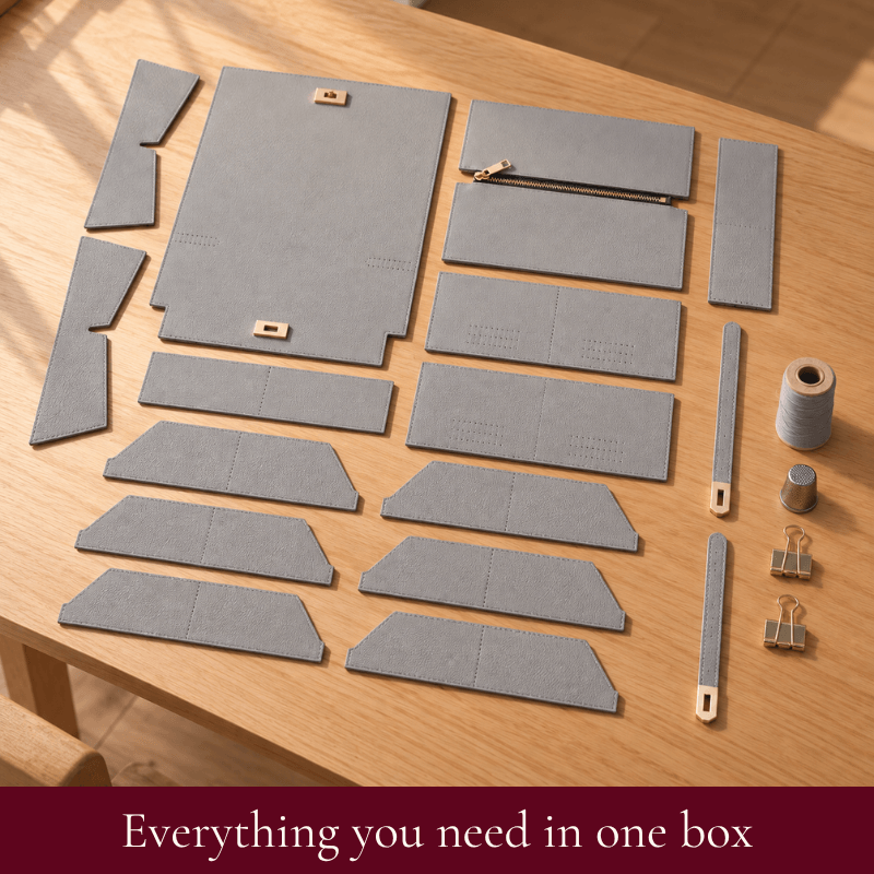 Valentina DIY wallet clutch kit contents in grey: pre-cut leather pieces, hardware and thread