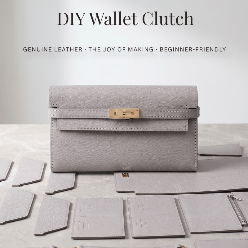 Valentina DIY leather wallet clutch kit in grey, finished clutch