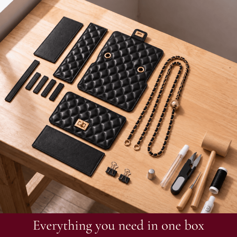 Madeline DIY quilted bag kit contents: pre-cut quilted leather pieces, chain strap, hardware and tools