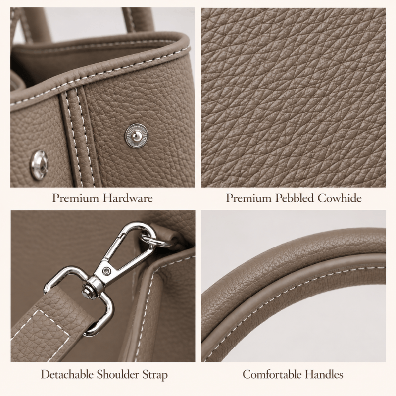 Close-up details of the Daphne leather tote: hardware, pebbled cowhide, detachable shoulder strap and handles