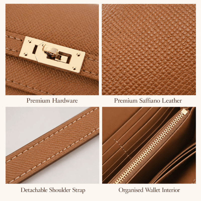 Close-up details of the Valentina wallet clutch: hardware, saffiano leather, detachable strap and interior