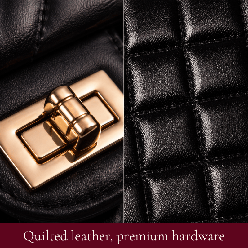 Close-up of black quilted leather and gold turn-lock hardware on the Madeline shoulder bag