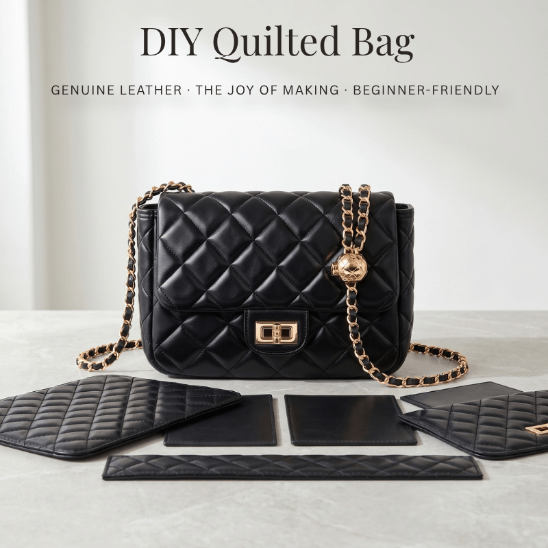 Madeline DIY leather bag kit in black, finished quilted shoulder bag