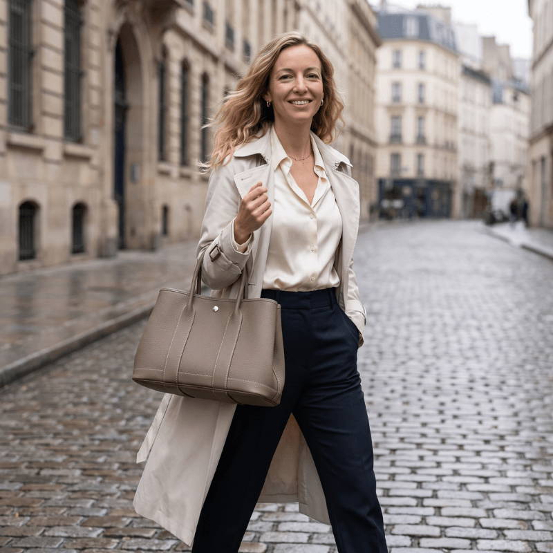 Woman carrying the finished Daphne leather tote in grey on a city street