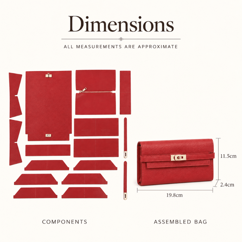 Valentina DIY wallet clutch kit dimensions diagram showing kit components and assembled size