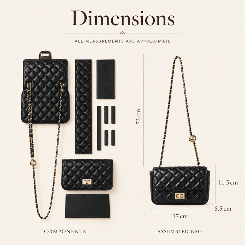 Madeline DIY shoulder bag kit dimensions diagram showing kit components and assembled bag size