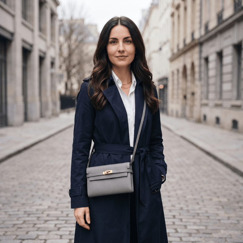 Woman wearing the finished Valentina leather wallet clutch in grey as a crossbody bag