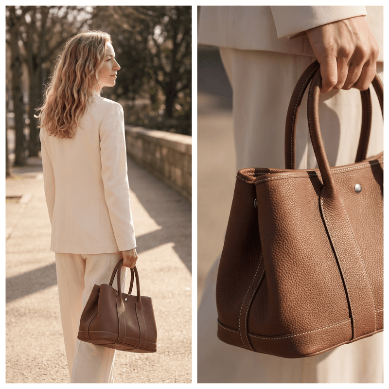Woman carrying the finished Daphne leather tote in brown by its top handles