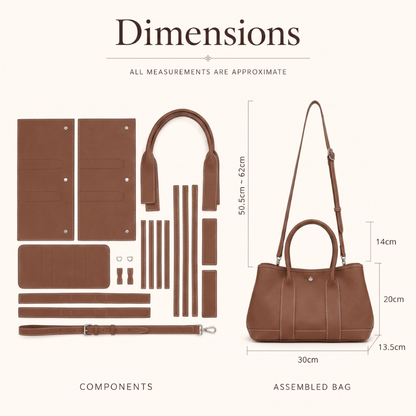 Daphne DIY tote kit dimensions diagram showing kit components and assembled bag size