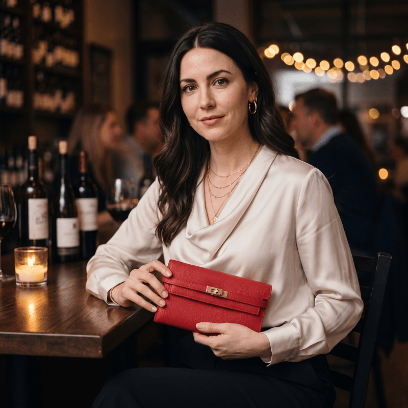 Woman holding the finished Valentina leather wallet clutch in red at an evening venue