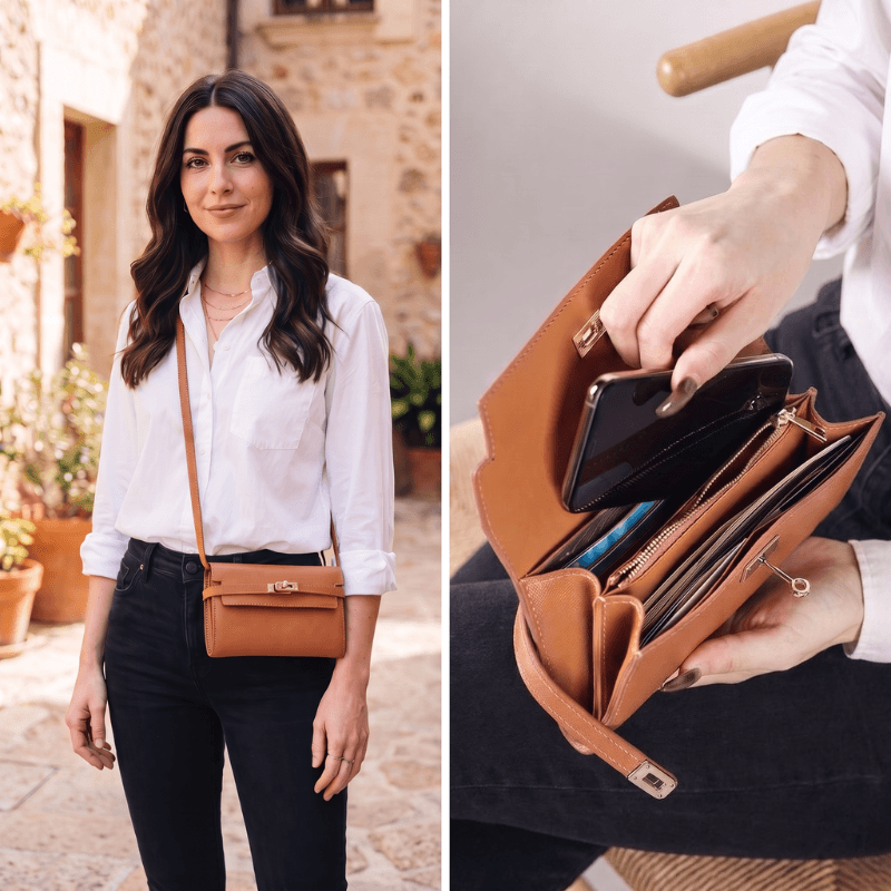 Valentina wallet clutch in brown worn crossbody, with a close-up of the open wallet interior
