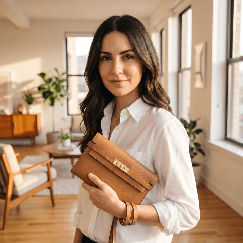 Woman holding the finished Valentina leather wallet clutch in brown