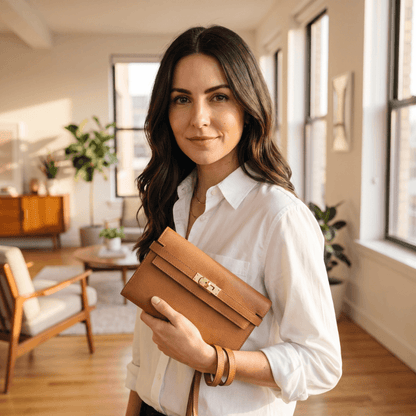 Woman holding the finished Valentina leather wallet clutch in brown