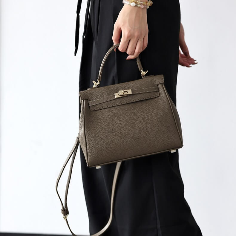 Grace DIY leather bag kit – finished satchel in grey, side view with shoulder strap