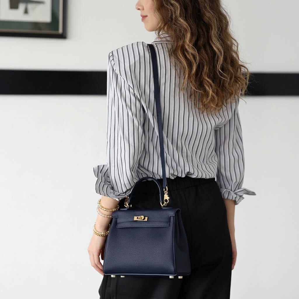 Grace DIY leather bag kit – finished satchel in midnight blue, side view with shoulder strap