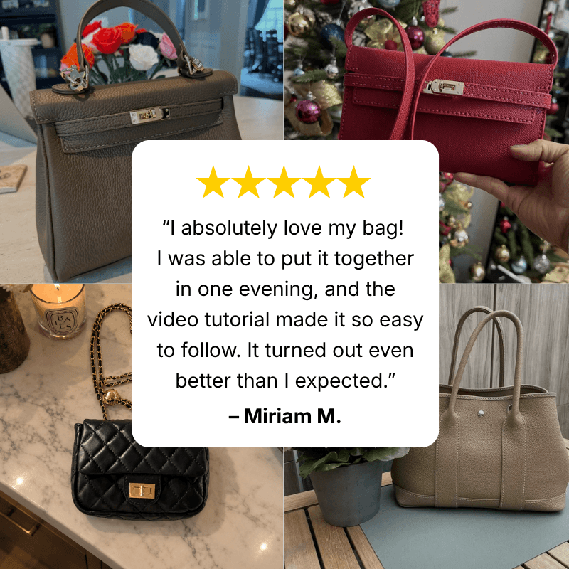 Five-star customer review with photos of finished Kit Atelier DIY leather bags