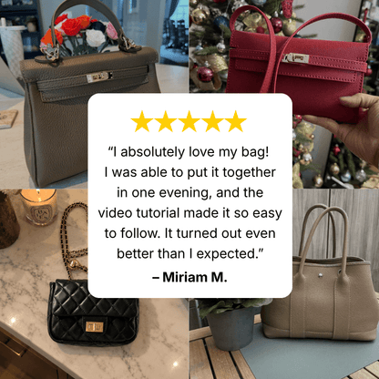 Five-star customer review with photos of finished Kit Atelier DIY leather bags