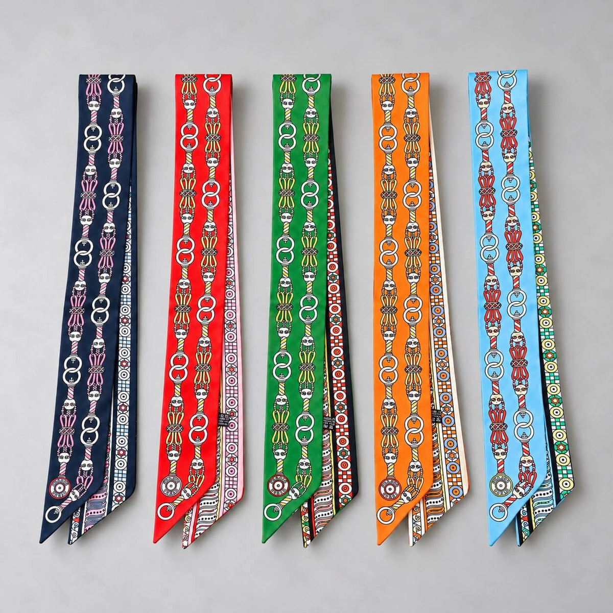 Twilly bag scarf in navy, red, green, orange and sky blue