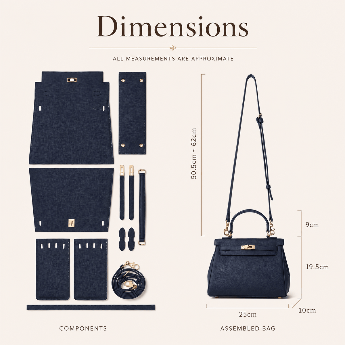 Grace DIY satchel kit dimensions diagram showing kit components and assembled bag size