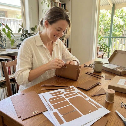 Valentina DIY leather wallet clutch kit, maker with her finished clutch