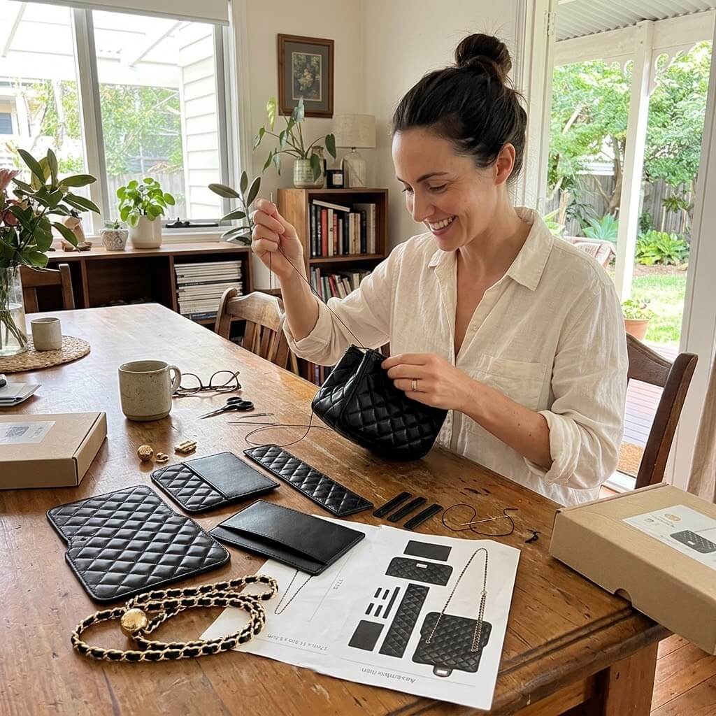 Madeline DIY leather bag kit, maker with her finished bag