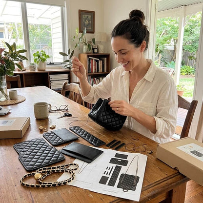 Madeline DIY leather bag kit, maker with her finished bag