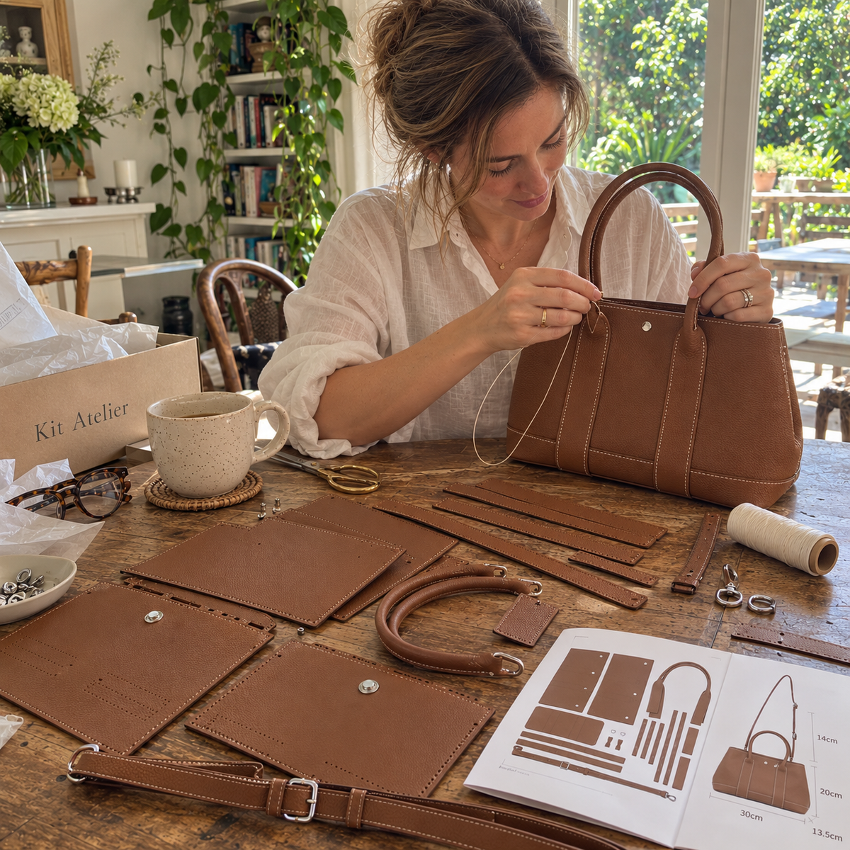 Woman hand-sewing a Kit Atelier DIY leather bag kit