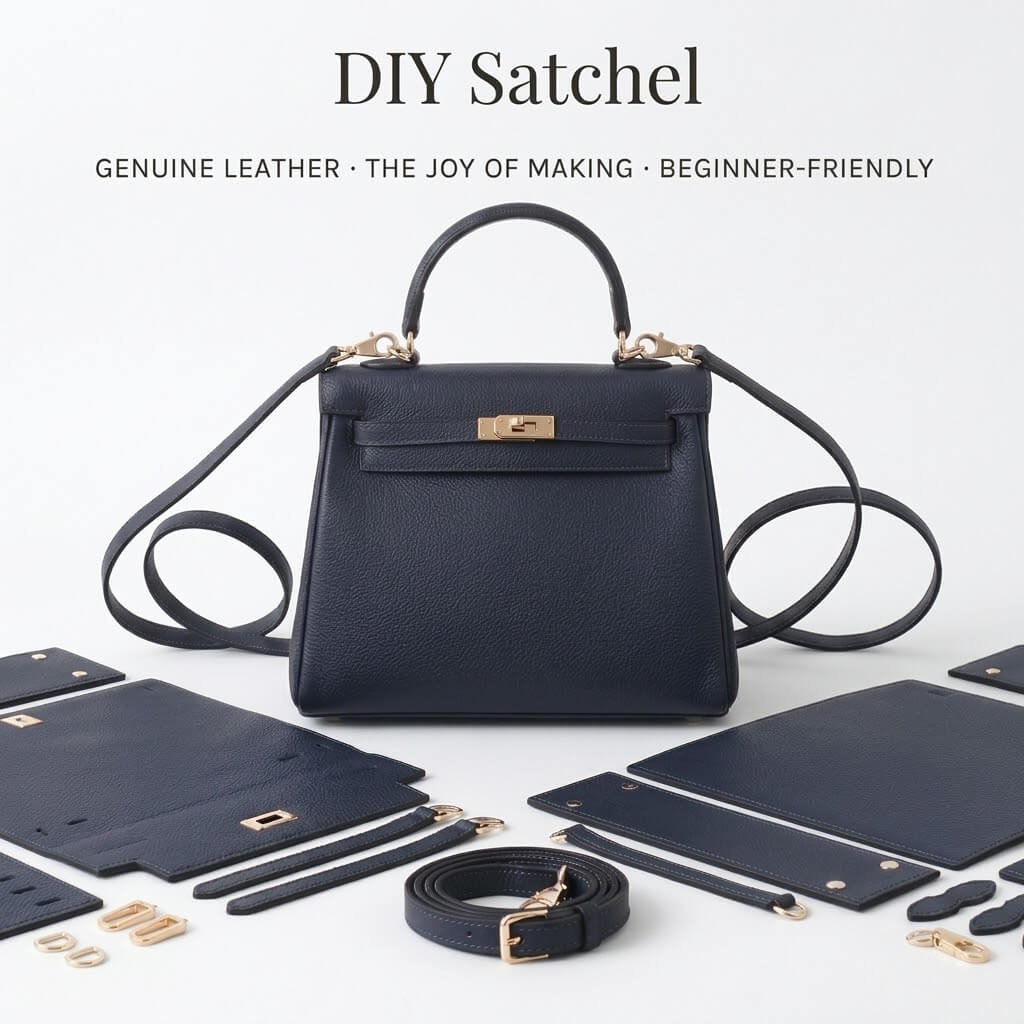 Grace DIY leather bag kit, finished satchel in midnight blue
