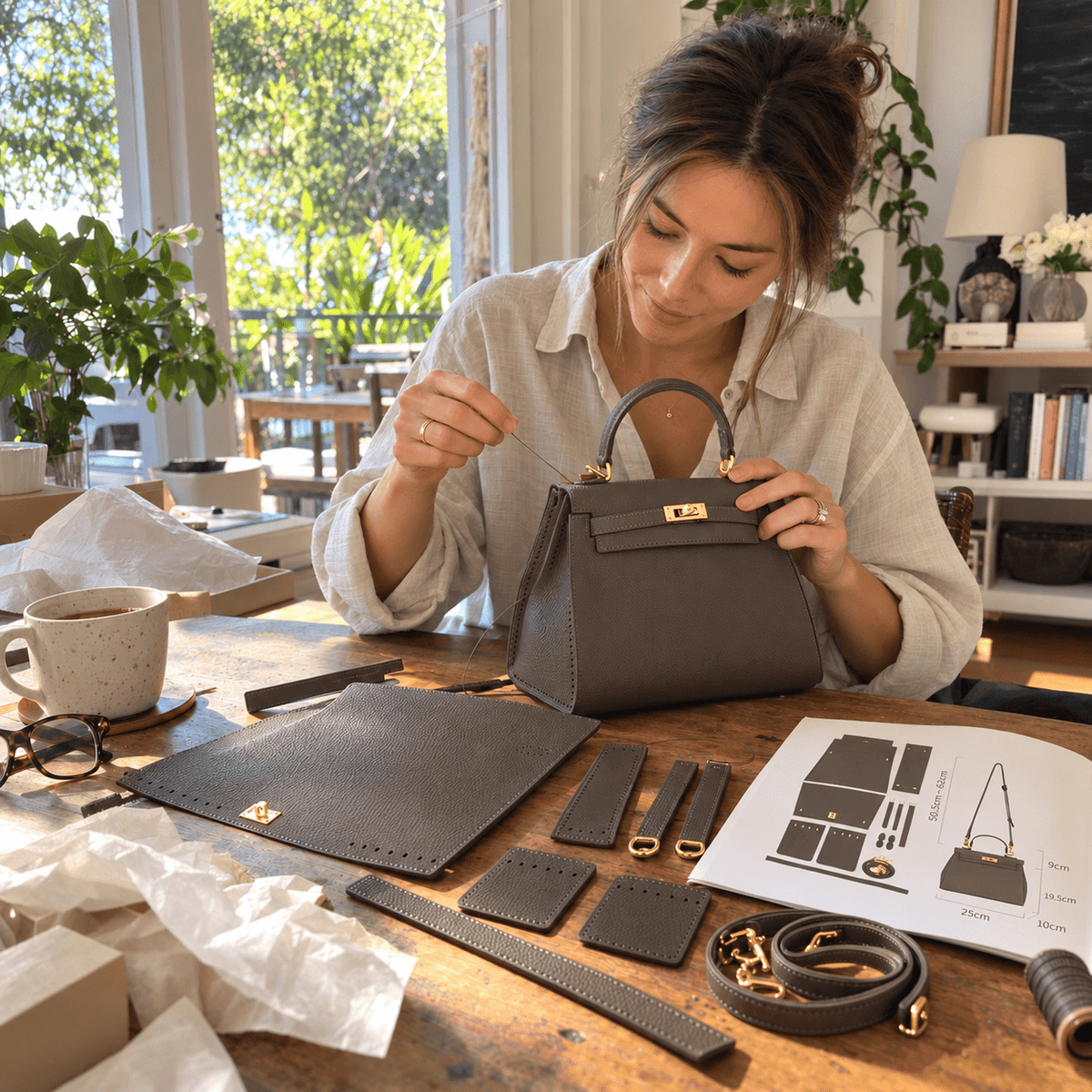 Maker with her finished Kit Atelier DIY leather bag